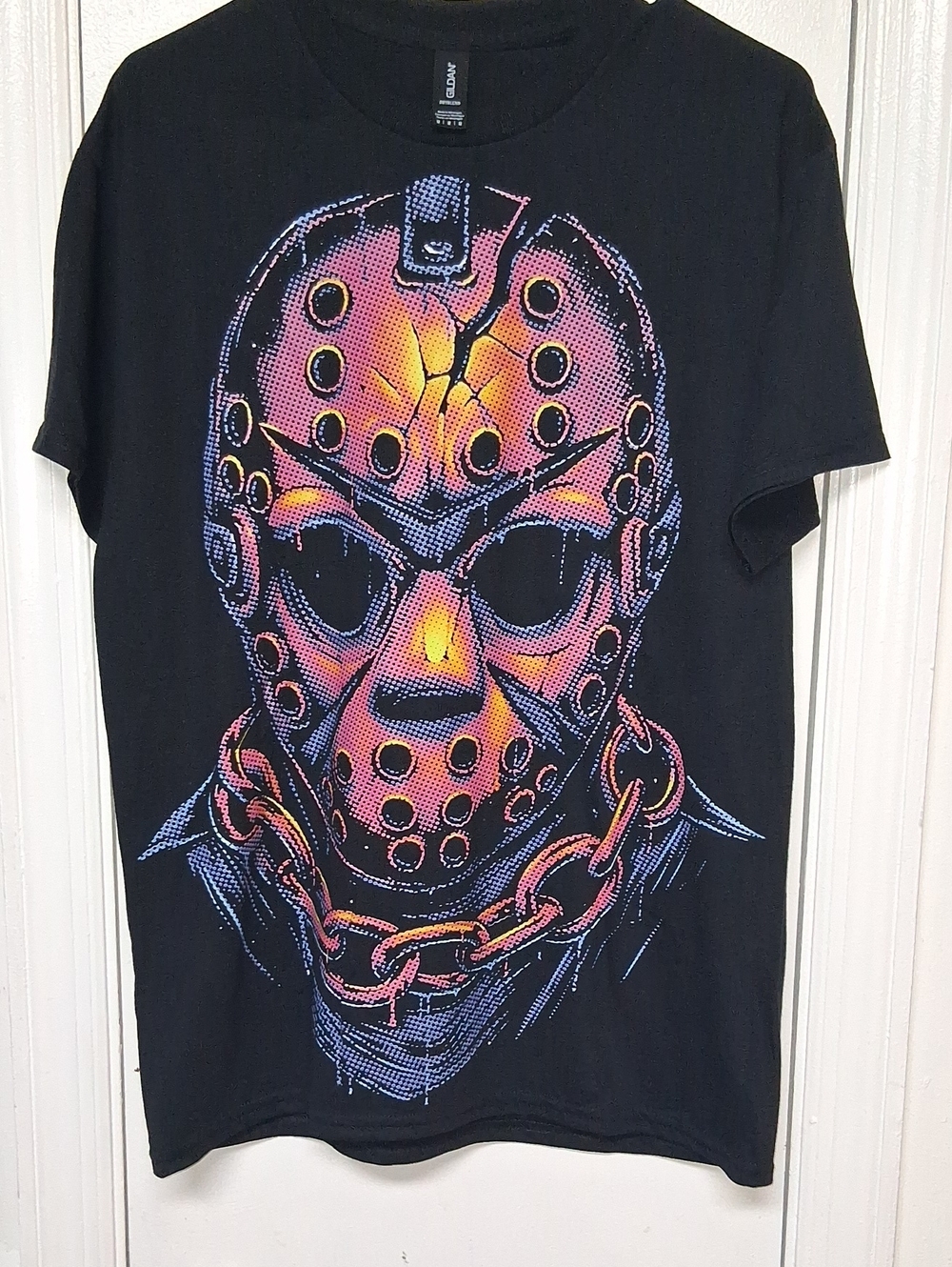 Custom Made Gildan Jason Vorhees Tee with Orange and Purple Mask Graphic